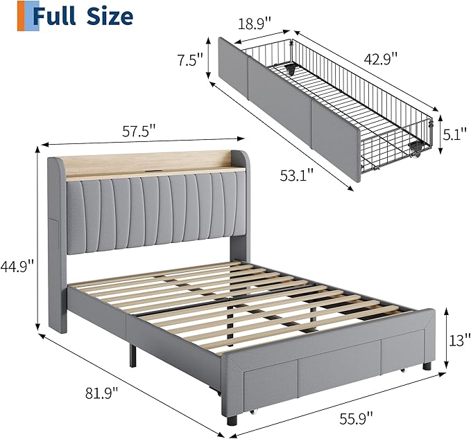 GarveeHome Upholstered Bed Frame with Storage Headboard and Charging Station, Platform Bed Frame with Drawers, Heavy Duty, No Box Spring Needed, Easy Assembly, Grey, Full Size