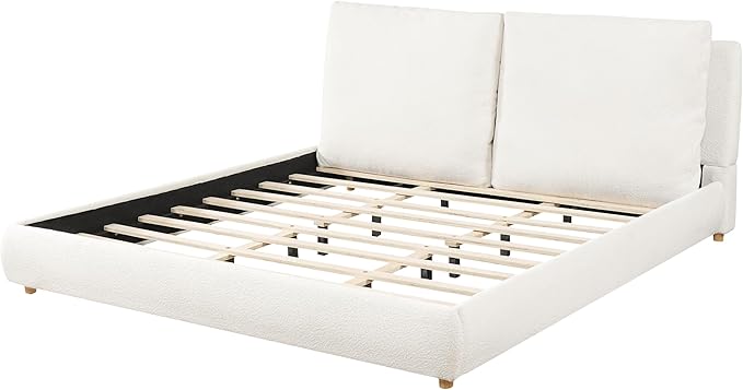 Merax King Size Boucle Fabric Upholstered Platform Bed with Two Removable Pillow Headboard, Wood Bed Frame with Solid Round Legs for Kids Teens Adults, White