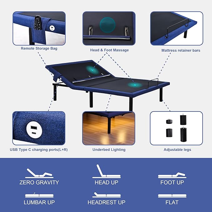 Fromann Adjustable Queen Bed Base Frame with Head and Foot Lift, Lumbar Support, Massage, Under-Bed Lights,Left Right USB+C, Memory Positions, Zero Gravity