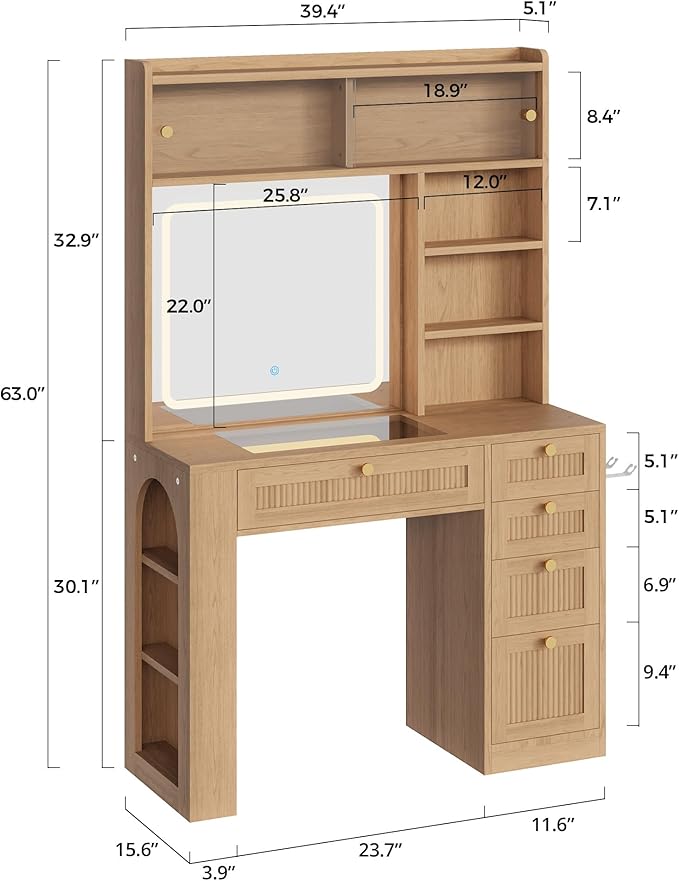 IRONCK Makeup Vanity with LED Lighted Mirror, 3-Color Dimmable Dresser with Mirror with Glass Top Drawers & Charging Station & Hair Dryer Holder, 63" H Dressing Table with 4 Drawers & Open Shelves