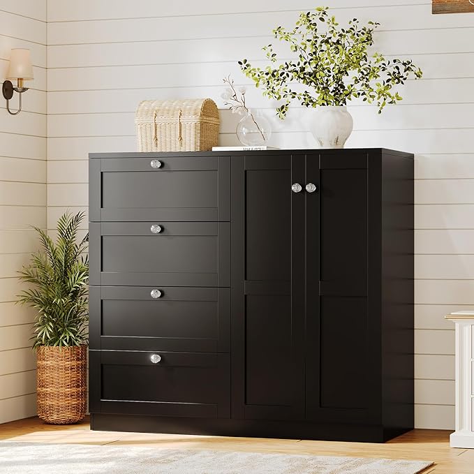VOWNER Armoire Wardrobe Closet with 4 Drawers and 2 Doors, 43''H Clothing Storage Cabinet Dresser with Hanging Rod, Cothes Wardrobe for Bedroom, Baby Closet, Black