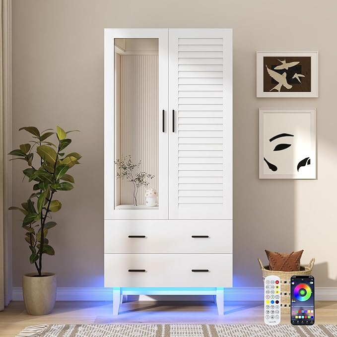jiteentarou 2 Door Armoire Wardrobe Closet Cabinet with Drawers and LED Lights, Multi-Tier Shelves, Hanging Rod & 2 Louver Doors, Large Capacity Storage Wardrobe Armoire for Bedroom(2 Doors White)