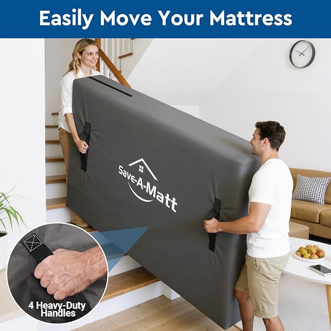 SaveAMatt Mattress Bags for Moving and Storage, Mattress Protector Cover with 4 Heavy-Duty Handles & Strong Zipper, Extra Thick Reusable Mattress Moving Supplies, Caliking Size, Gray