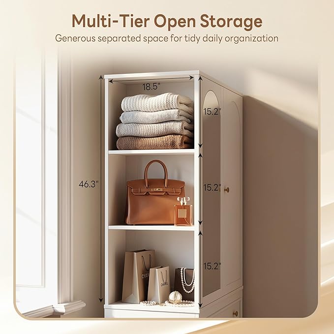 LIKIMIO Armoire Wardrobe Closet with Full Length Mirror, 2 Drawers, 71" Freestanding Bedroom Armoire with 3 Open Shelves, 3 Side Hooks & Hanging Rod, Clothing Storage Cabinet for Bedroom, White