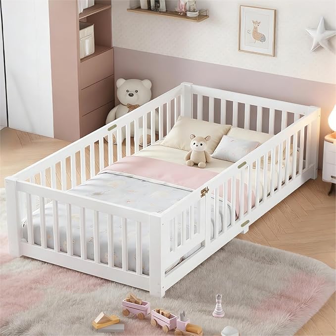 Bellemave Montessori Twin Floor Bed Frame with Fence and Removable Door, Low Profile Twin Size Montessori Bed Frame for Kids, Solid Wooden Floor Beds with Slats for Bedroom,Nursery, White