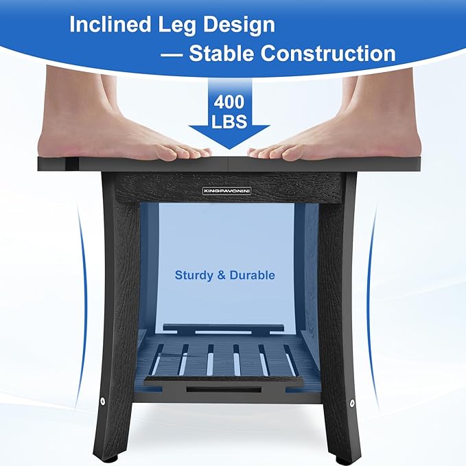KingPavonini HDPS Shower Stool, Waterproof Shower Benches for Inside Shower to Sit on, Heavy Duty 400LBS Shower Seat with Storage Shelf, Shower Chair for Shaving Legs