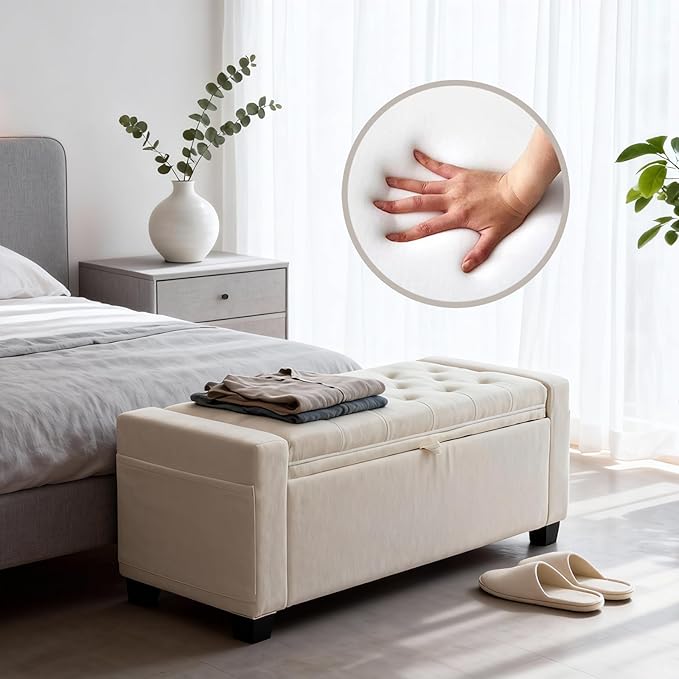 Storage Ottoman Bench for Bedroom, End of Bed Bench with Hidden Storage, Upholstered Tufted Linen Ottoman with Safety Hinge, Bedroom Bench with Storage, 43 Inch, 350lb, Linen Beige