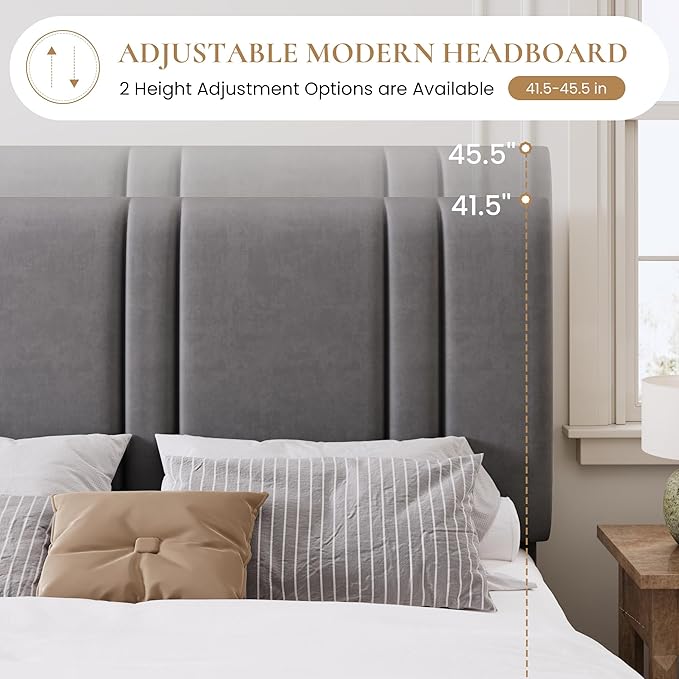 SHA CERLIN King Size Platform Bed Frame, Velvet Upholstered Bed with Adjustable Headboard, Vertical Channel Tufted Design, Sturdy Wood Slat Support, No Box Spring Needed, Easy Assembly, Light Grey