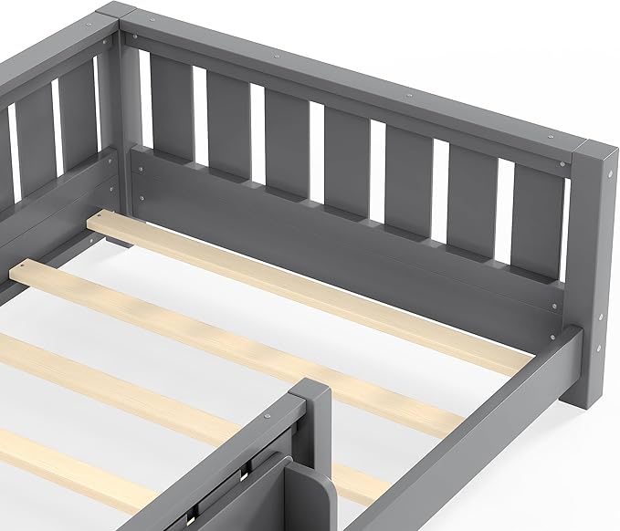 Bellemave Twin Size Kids Montessori Bed with Bookshelf,Solid Wood Twin Floor Bed Frame with Fence and Slats for Girls Boys,Low-Profile,Gray
