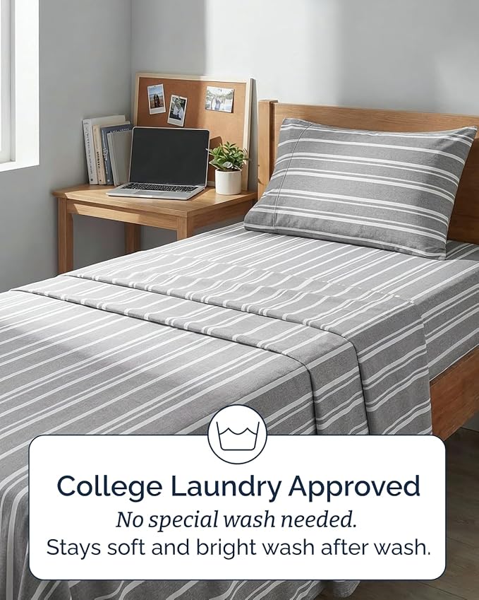 Twin XL 4 Piece Sheet Set - Comfy, Breathable & Cooling - Soft Hotel Luxury Bedding for Women, Men, Kids, Teens & Children - 1 Flat & 1 Fitted Sheet & 2 Pillowcases w/ Deep Pockets - Grey Stripes 3