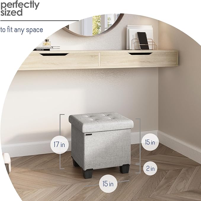 Storage Ottoman Cube with Small Bin, 15-in Square Ottoman with Storage for Living Room and Bedroom, Small Ottomans Foot Rest, Fabric Foot Stools Ottomans Max 330lbs, Light Grey