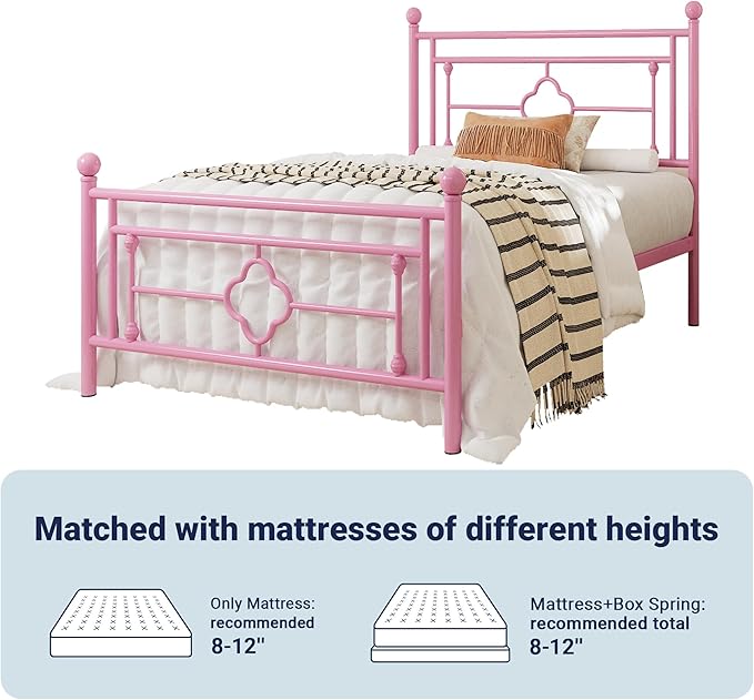 Allewie Twin Size Metal Platform Bed Frame with Victorian Vintage Headboard and Footboard/Mattress Foundation/Under Bed Storage/No Box Spring Needed/Noise-Free/Easy Assembly, Pink