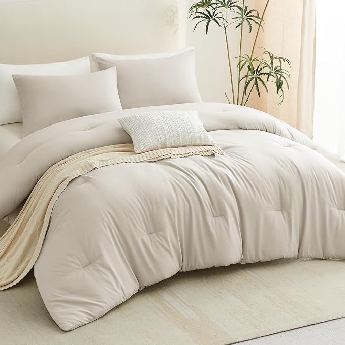 CozyLux Oversized King Comforter Set Beige, 3 Pieces 120x98 Solid Breathable Quilted Bedding Sets for All Seasons, Luxury Soft Lightweight Bed Set with Down Alternative Comforter and 2 Pillowcases