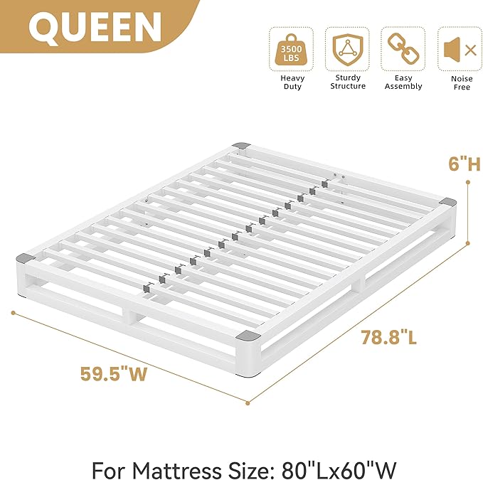 6 Inch Queen Bed Frame with Rounded Corner and Squeak Free U-Slot Design, Metal Platform Bed Frames 6 Non-Slip Guards, 3500lbs Heavy Duty Steel Slat Support, No Box Spring Needed, White