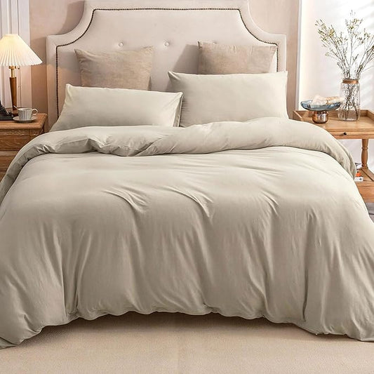 PURE ERA Jersey Knit Duvet Cover Set 100% T-Shirt Cotton Super Soft Comfy 3pc Bedding Set with Zipper Closure (Solid Dark Beige, Queen)