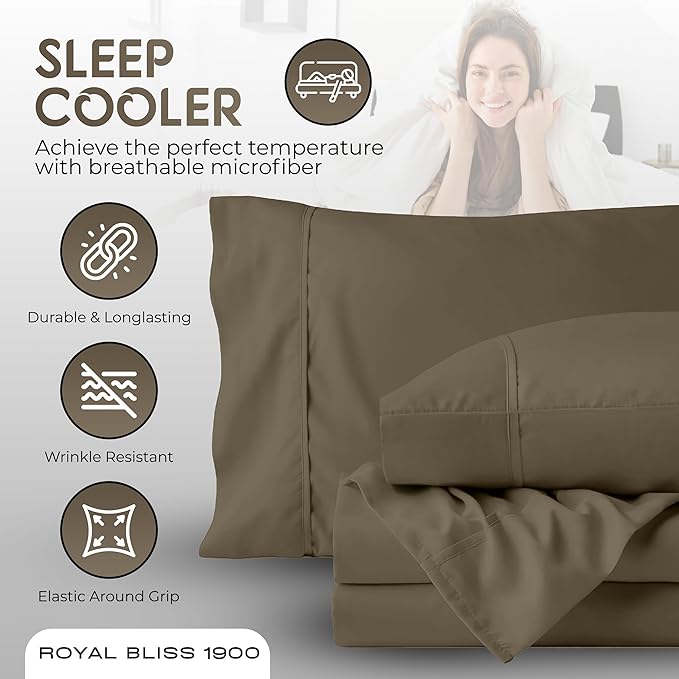 Royal Bliss King Size Sheets Set - 4 Piece Bedding - Wrinkle Free, Double Brushed, Cooling, Deep Pocket, Taupe