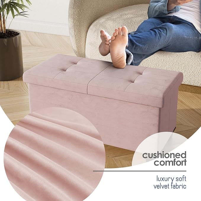 Storage Ottoman Bench with Bins, 30-in Storage Bench for Bedroom End of Bed, Folding Foot Rest Ottoman for Living Room Max 660lbs, Velvet Ottomans, Pink