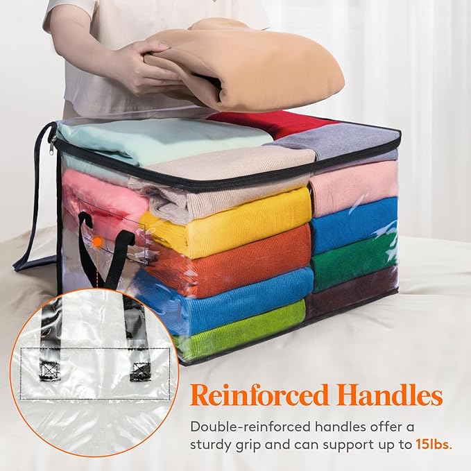 Lifewit 12 Pack Clear Clothes Storage Bags, 60L Plastic Blanket Vinyl Foldable Moving Bags with Zipper, Closet Organizers and Storage Containers for Bedding, Duvet, Pillow