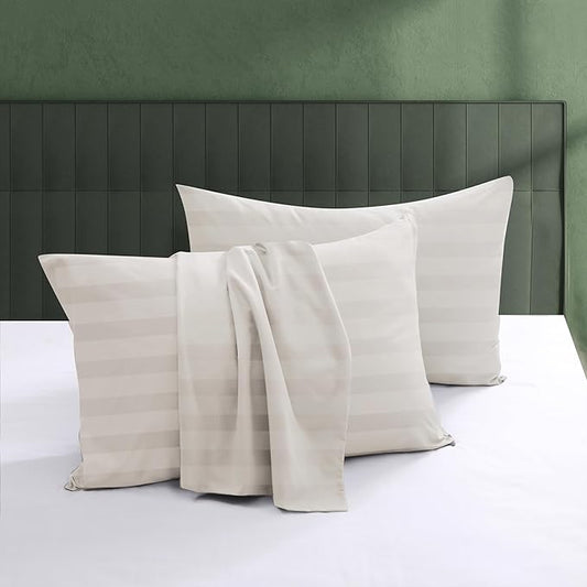 100% Egyptian Cotton Pillow Protectors Set of 2, 600 Thread Count Bed Pillow Cases with Zipper, Sateen Weave Cooling Pillow Cases Quiet and Breathable Easy Care (2PCS, Standard, Striped Light Beige)