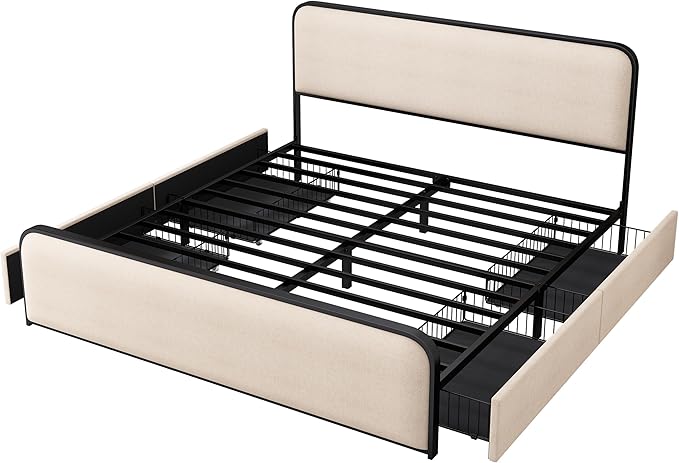 Merax Metal Platform Bed King Size with Curved Upholstered Headboard and Footboard, King Bed Frame with 4 Storage Drawers Under Bed, Heavy Duty Metal Slats, No Box Spring Needed, Easy Assembly, Beige