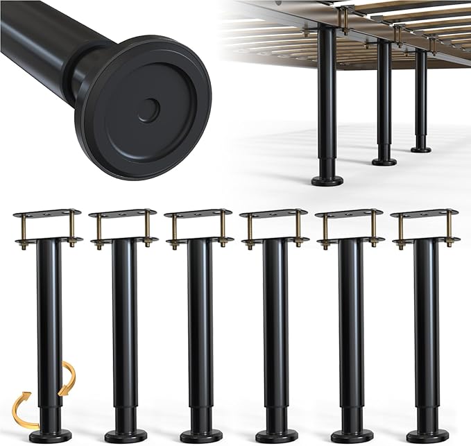 Adjustable Height Bed Frame Support Leg, Metal Bed Frame Support Legs with Rubber Base, Bed Slat Support Leg for Heavy Duty/Wooden/King/Queen Bed Frame (10"-16.5" (6pcs))