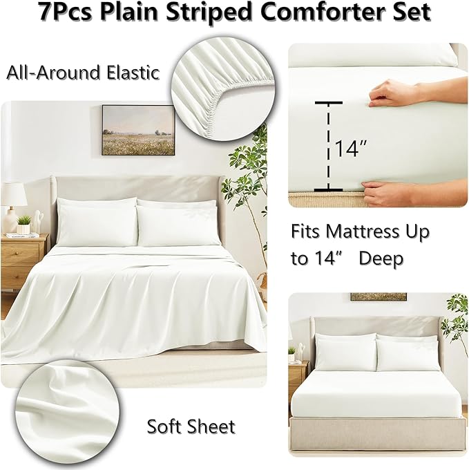 CozyLux Full Size Comforter Set Ivory, 7 Pieces Bed in a Bag, Ivory Comforter Full Size, Bedding Sets with All Season Quilted Comforter, Flat Sheet, Fitted Sheet, Pillowcases