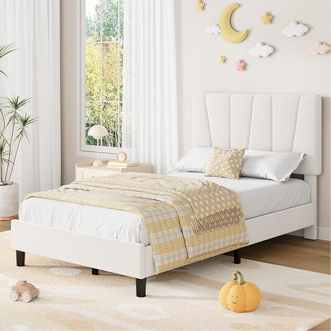 Twin Size Upholstered Platform Bed Frame with Adjustable Headboard for Kids, Fits 8-14 Inch Mattress, Heavy Duty Bed Frame with Wooden Slats Support, Noise-Free, Non-slip, No Box Spring Needed