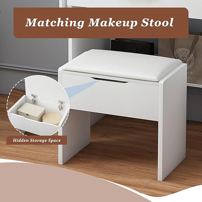 Casaphoria Vanity Desk with Stool, LED Mirror & Outlet, 43 Inch White Makeup Vanity with 2 Drawers & 7 Shelves, Dressing Table with Storage Stool for Bedroom
