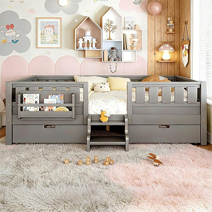 Bellemave Queen Bed with Storage Drawers & Bookshelf, Low Profile Kids Bed Frame with Staircase & Full Length Guardrails, Solid Wood Queen Bed for Kids with Slats Load 550LBS, Easy Assembly, Grey