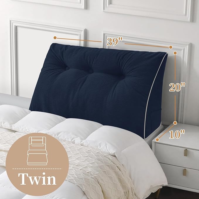 Sasttie Headboard Pillow Twin/Twin XL, Wedge Pillow Headboard for Dorm, Triangular Daybed Backrest Cushion for Sitting or Reading in Bed, with Removable Washable Cover, Navy