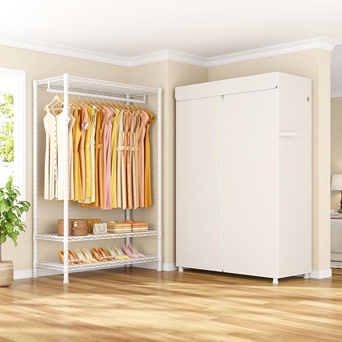 ULIFHOME H5C Plus Clothes Rack with Cover, Portable Closet for Hanging Clothes, Covered Clothing Racks Heavy Duty, Garment Racks with Shelves, Max Load 370LBS, White Closet Rack with White Cover