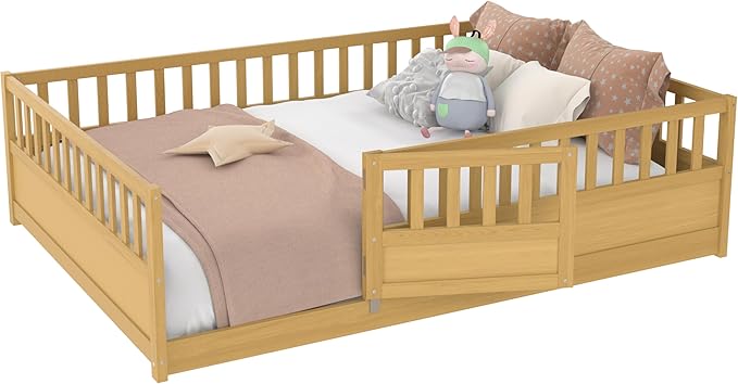 Bellemave Full Size Floor Bed with Slats and Door, Full Size Montessori Floor Bed with Rails, Easy Assemble Montessori Beds Frame for Bedroom, Natural
