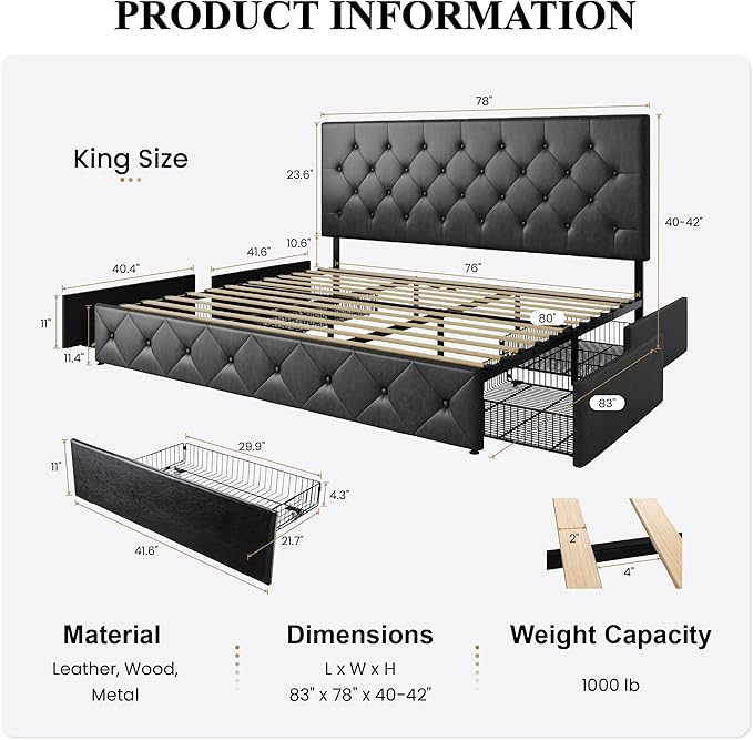 SHA CERLIN Upholstered King Platform Storage Bed Frame with 4 Drawers, Adjustable Headboard with Faux Leather Diamond Button Tufted Design, Wooden Slat Support, No Box Spring Needed, Black