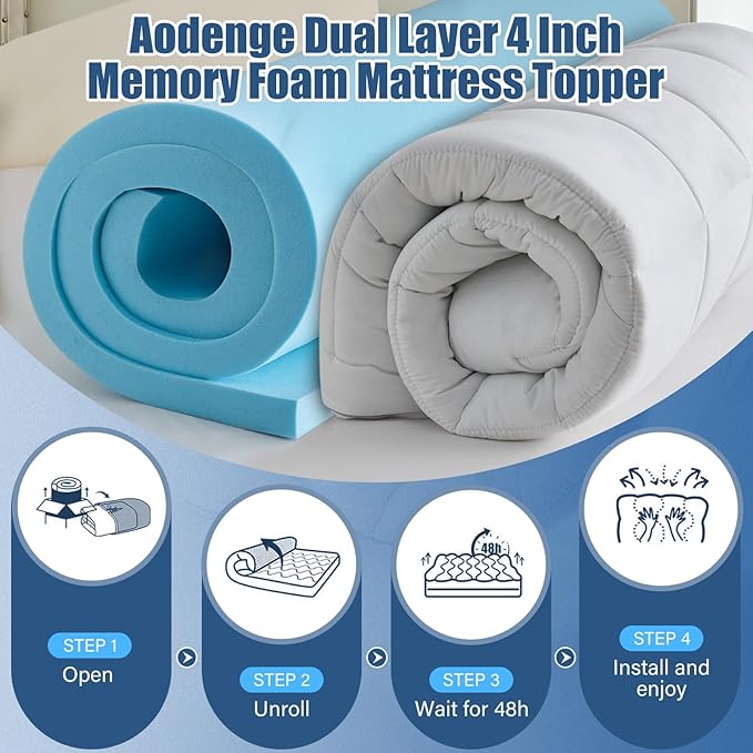 4 Inch Dual Layer Mattress Topper Twin Size, 2 Inch Cooling Gel Memory Foam and 2 Iinch Down Alternative Pillow Top Pad for Back Pain, with 8-21 Inch Deep Pocket