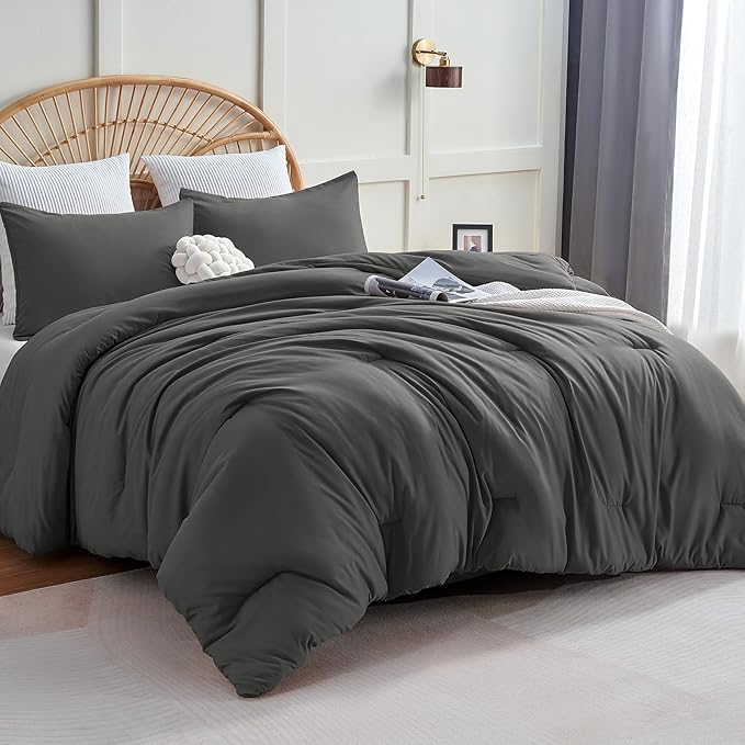 CozyLux Twin Comforter Set Dark Grey, 2 Pieces Twin Extra Long Solid Breathable Bedding Set for College Dorm, Twin XL Dark Gray Luxury Soft Bed Set with Down Alternative Comforter and 1 Pillowcase