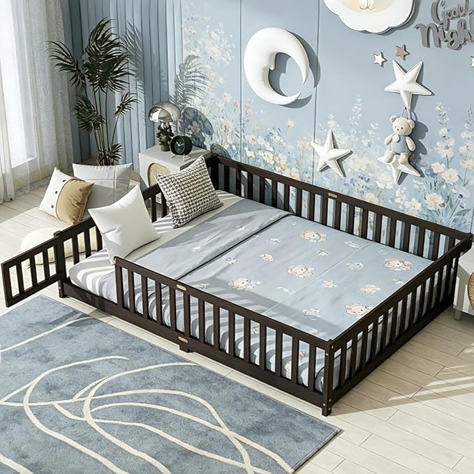 Bellemave Queen Floor Bed Frame with Rails and Door, Solid Wood Montessori Queen Size Floor Bed, Low Profile Montessori Beds with Removable Slats, Espresso