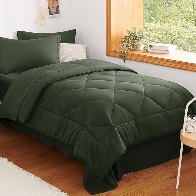 CozyLux Twin XL Comforter Set Dark Green - 5 Pieces Twin Extra Long Bed in a Bag for College Dorm, All Season Bedding Set for Girls and Boys, Soft Bed Set with Comforter, Sheets, Pillowcase & Sham