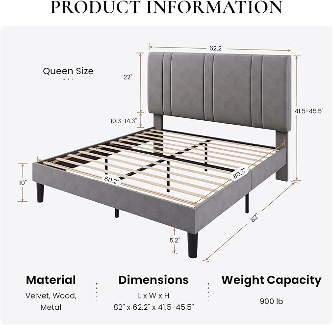 SHA CERLIN Queen Size Platform Bed Frame, Velvet Upholstered Bed with Adjustable Headboard, Vertical Channel Tufted Design, Sturdy Wood Slat Support, No Box Spring Needed, Easy Assembly, Light Grey