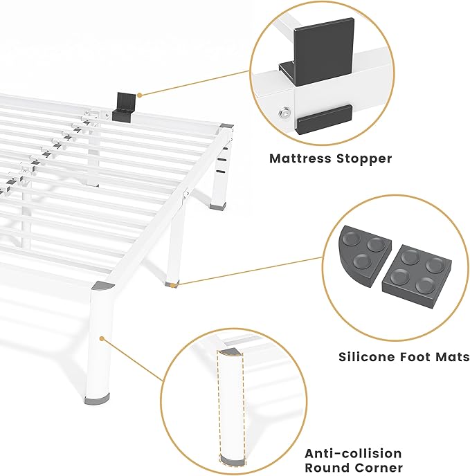 Superay 18 Inch Twin Size Metal Bed Frame with Round Corners, Storage Space Under High Bed Frame-Heavy Duty Steel Slats Support, Noise Free - Easy Assembly - No Box Spring Needed,White