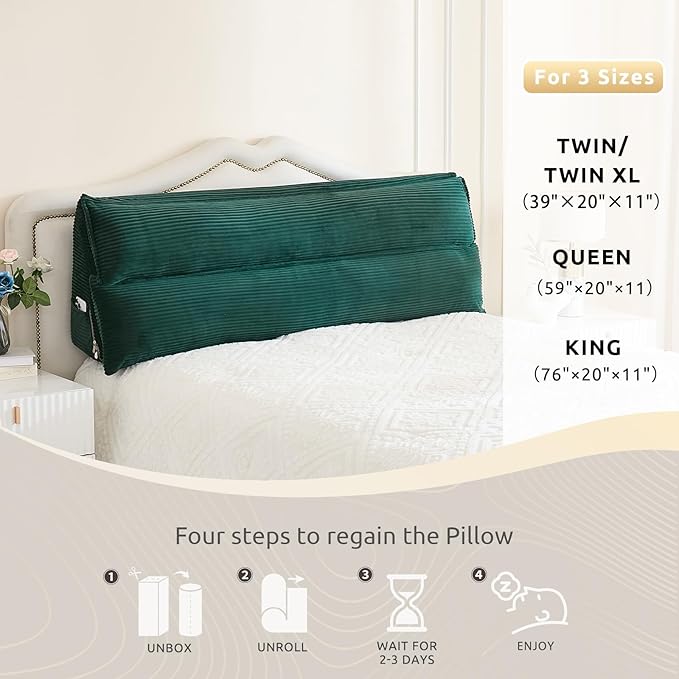 Zelladorra Wedge Pillow Headboard, Headboard Pillow King for Reading or Sitting, Bolster Pillow with Large Memory Foam, Removable Cover, Green