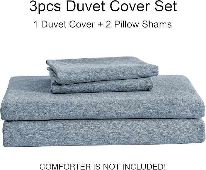 PURE ERA Jersey Knit Duvet Cover Set 100% T-Shirt Cotton Super Soft Comfy 3pc Bedding Set with Zipper Closure (Heather Blueish Grey, Full)