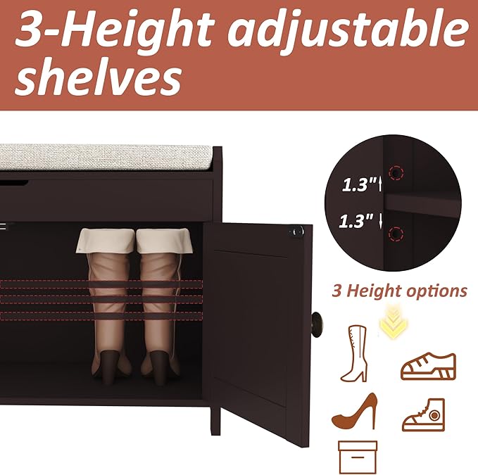 HOMEFORT 54.4" Shoe Bench with Lift Top Storage, Entryway Bench with Cushioned Seat, Wooden End of Bed Bench, Shoe Cabinet Bench with Hidden Storage Space, for Bedroom, Hallway,Espresso