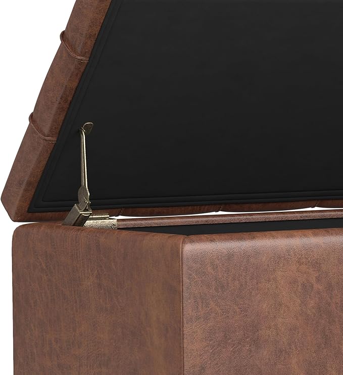 SIMPLIHOME Sienna Storage Ottoman Bench - 33 inch Wide Upholstered Vegan Leather Rectangle Storage Ottoman Bench in Distressed Saddle Brown, Transitional Tufted Ottoman for Living Room with Lift Top