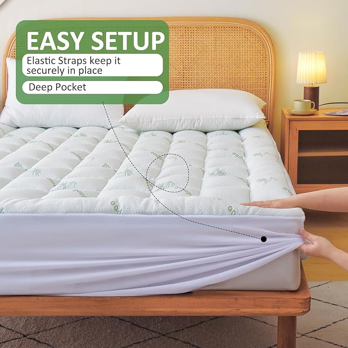 Cooling Mattress Topper Twin – Extra Soft Pillow Top Mattress Pad, Breathable Viscose Made from Bamboo Mattress Protector for Back Pain Relief, Deep Pocket Cover Fits 8–21 Inch