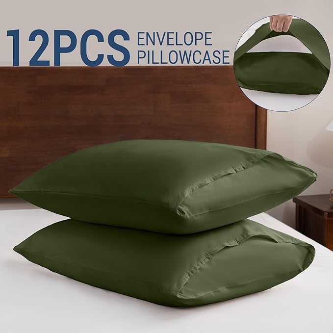 Pillowcases King 12 Pack, 20x36 Pillow Cases with Envelope Closure, Soft Plain Brushed Microfiber Covers Breathable Wrinkle-Resistant, Olive Green