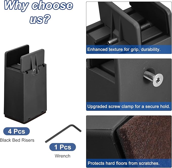 uxcell 4 Inch Bed Risers with Adjustable Screw Clamp, 4Pcs Furniture Risers for Bed, Desk, Sofa, Table, Fit for Furniture Thickness 0.39-1.45", Supports 5000 Pounds, Black