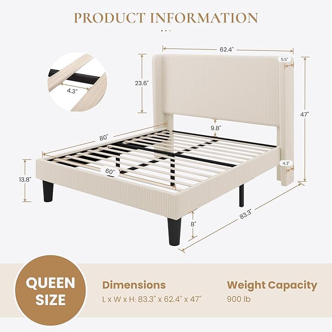 SHA CERLIN Queen Size Corduroy Upholstered Platform Bed Frame with Vertical Channel Tufted Wingback Headboard, 8" Under-Bed Storage, Wooden Slats and Metal Frame Support, Easy Assembly, Cream