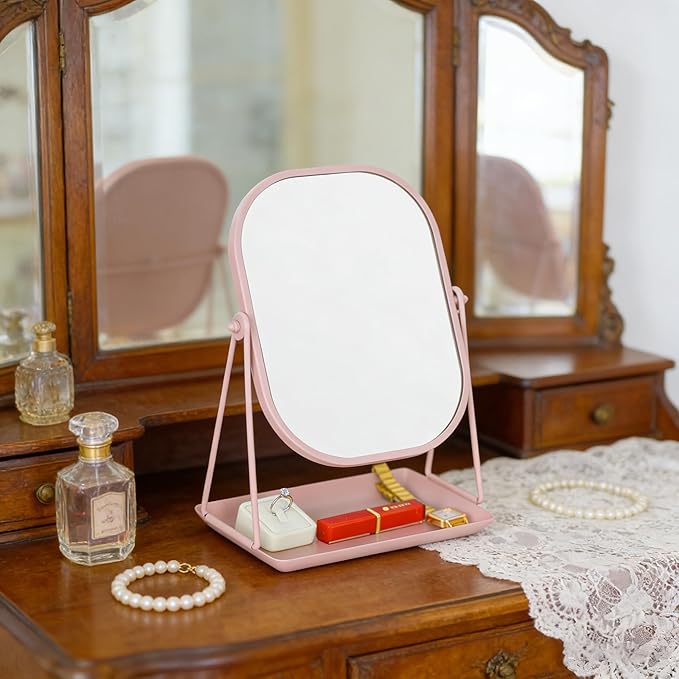 Tstarer Rotating Metal Makeup Mirror with Storage, Vanity Mirror for Desk, Bathroom, Bedroom, Dressing Table (Pink)