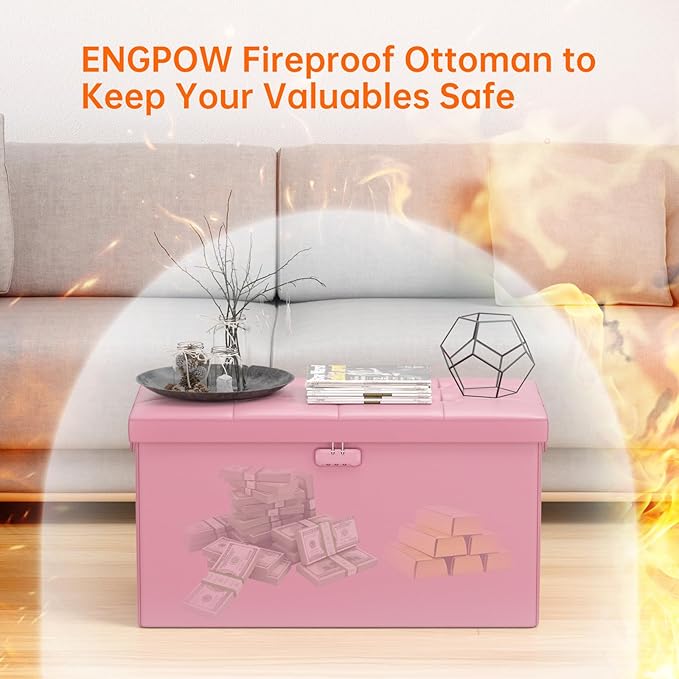 ENGPOW Storage Ottoman Bench,Fireproof Folding Bench with Lock,30 Inches Fire＆Water Resistant Storage Chest Foot Rest Stool Leather Bedroom Ottoman Safe for Documents,Valuables, Pink