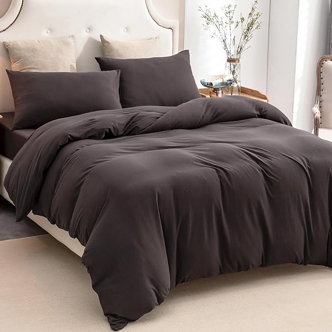 PURE ERA Jersey Knit Duvet Cover Set 100% T-Shirt Cotton Super Soft Comfy 3pc Bedding Set with Zipper Closure (Solid Dark Brown, Queen)